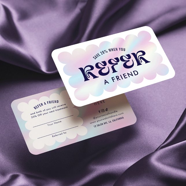 Modernes Holografisches Retro Logo Reader a Friend Empfehlungskarte (Trendy holographic effect referral cards with space for your logo and custom discount offer)