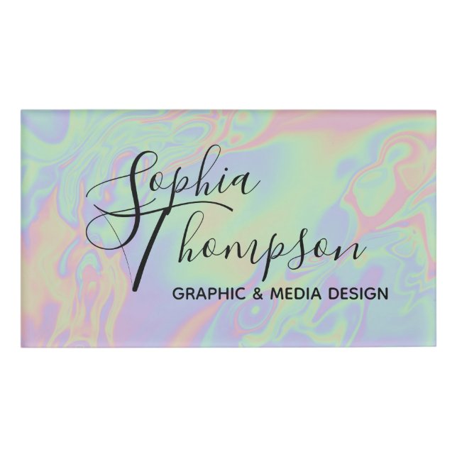 Modernes Holografisches Script Rainbow Pastell Nam Namenschild (Vorderseite)