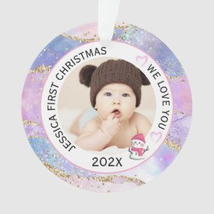 Modernes Holographic Baby Girl First Christmas Fot Ornament