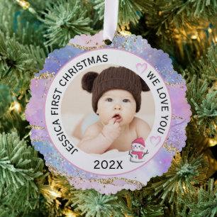 Modernes Holographic Baby Girl First Christmas Fot Ornament Karte