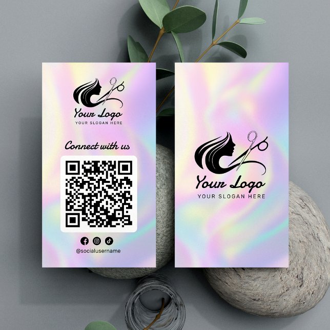 Modernes Holographic Social Media Hair Salon Logo Visitenkarte (Von Creator hochgeladen)