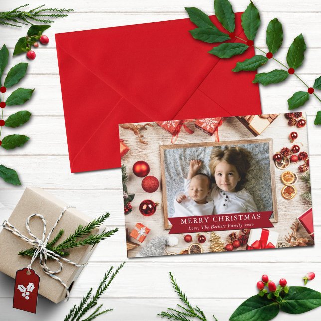 Modernes Holz- und Weihnachtsdekor Foto Feiertagskarte (Von Creator hochgeladen)