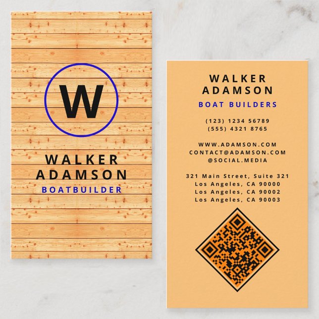 Modernes Holzkörnerlook - Mit Monogramm QR-Code Visitenkarte (wood business card)