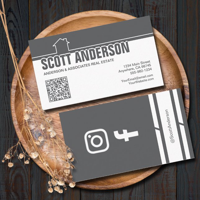 Modernes Home-Logo Social Media QR Code Grau Visitenkarte (Home logo QR Code social media grey-white business cards - real estate, cleaning, construction)