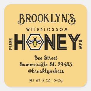 Modernes Honey-Label mit Hexagon-Grenze und Biene Quadratischer Aufkleber