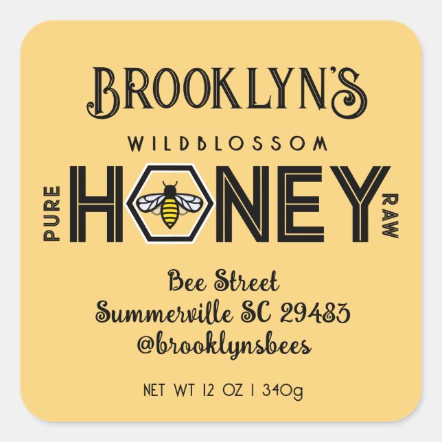 Modernes Honey-Label mit Hexagon-Grenze und Biene Quadratischer Aufkleber (Vorderseite)