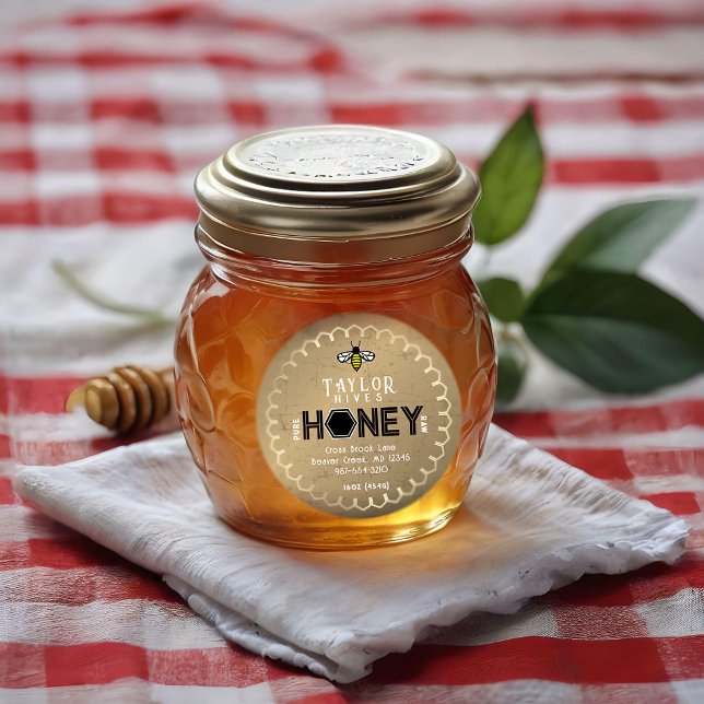 Modernes Honey-Label mit Hexagon-Grenze und Biene Runder Aufkleber (Von Creator hochgeladen)