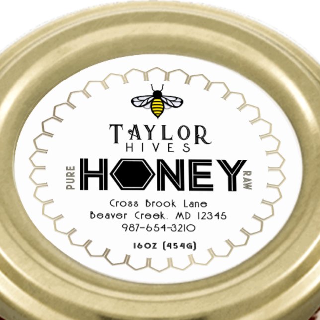 Modernes Honey-Label mit Hexagon-Grenze und Biene Runder Aufkleber (Von Creator hochgeladen)