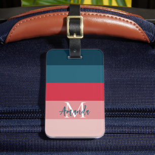 Modernes horizontales Streifen, rosa und blau, Mon Gepäckanhänger