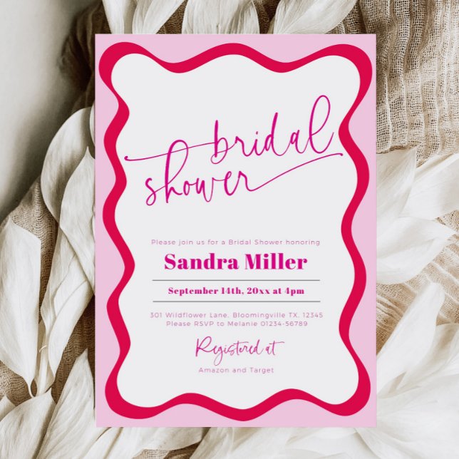 Modernes Hot Pink Wavy Border Farbiges Brautparty Einladung (Hot pink wavy border bridal shower invitation)