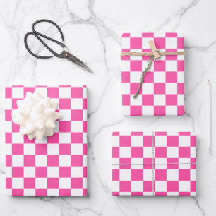 Modernes Hot Pink White Checked Geschenkpapier Set