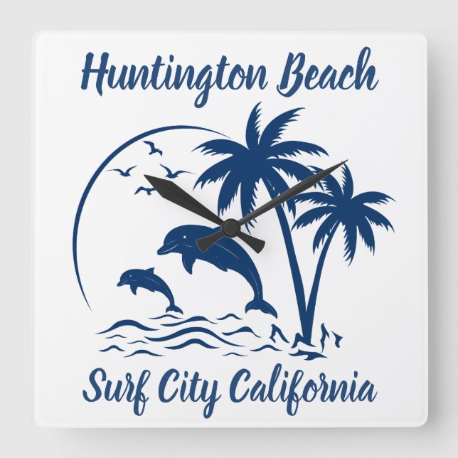 Modernes Huntington Beach California Dark Blue Quadratische Wanduhr (Vorderseite)