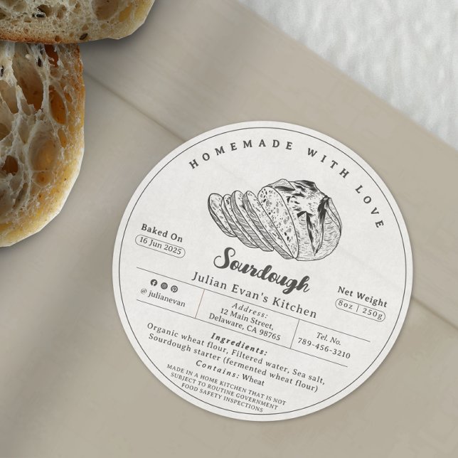 Modernes Hütte-Label für Schwarz und Weiß Runder Aufkleber (Modern Black & White Sourdough Cottage Law Label )