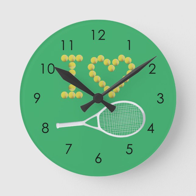 Modernes I Liebe Tennis Green Runde Wanduhr (Vorderseite)