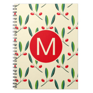 Modernes illustriertes rotes Beerenmuster Monogram Notizblock