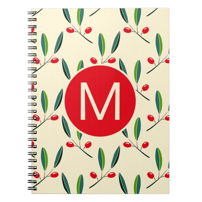 Modernes illustriertes rotes Beerenmuster Monogram Notizblock (Vorderseite)