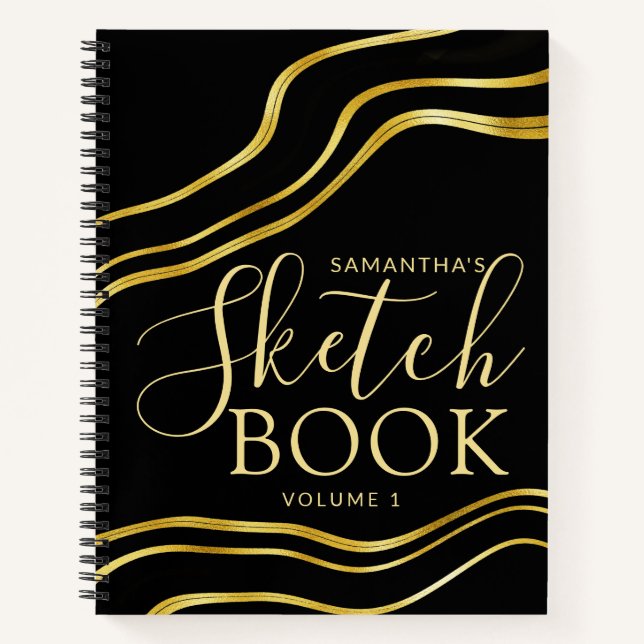 Modernes Individuelle Name Black Gold Sketchbook Notizbuch (Vorderseite)