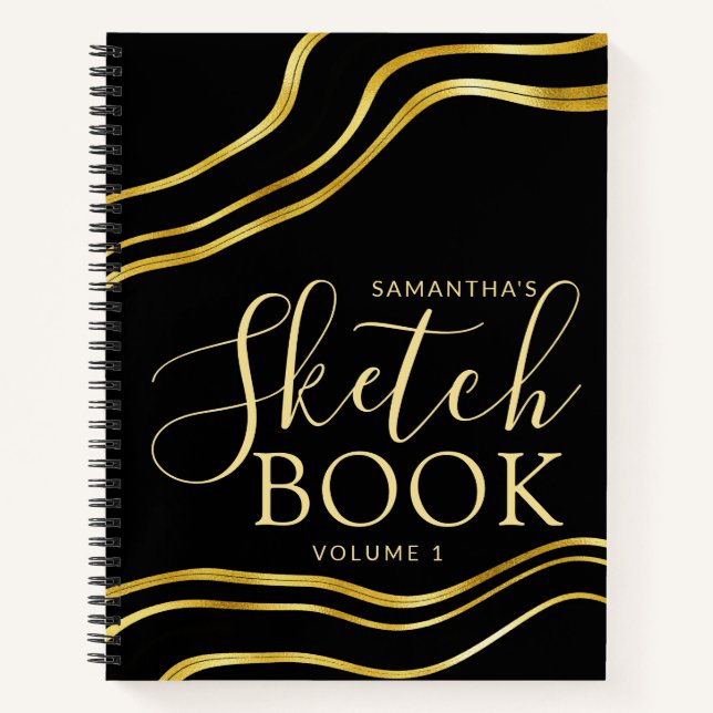 Modernes Individuelle Name Black Gold Sketchbook Notizbuch (Vorderseite)
