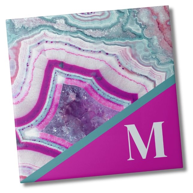 Modernes Initialen-Monogramm Fliese (Trendy Bright Turquoise Fuchsia Stone Monogrammed ceramic tile)