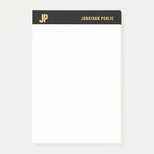 Modernes Initialen-Schwarz-weißes Goldelegantes Post-it Klebezettel (Vorderseite)