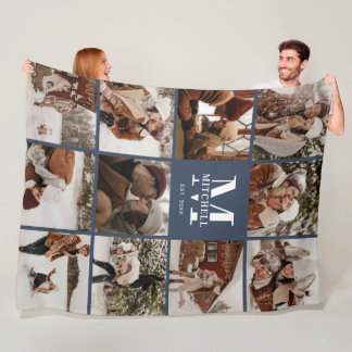 Modernes Instagramm Foto Collage Navy Blue Monogra Fleecedecke