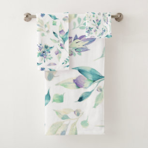 Modernes Jadegrün-Lavendel-Aquarell mit Blumen Badhandtuch Set