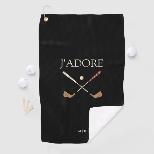 Modernes J'adore I Liebe Golf Black Golfhandtuch (Insitu)