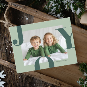 Modernes JOY Christmas Foto   Grüne Familie Postkarte