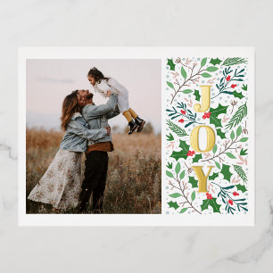 Modernes JOY Holly Berries Foto Folien Feiertagspostkarte