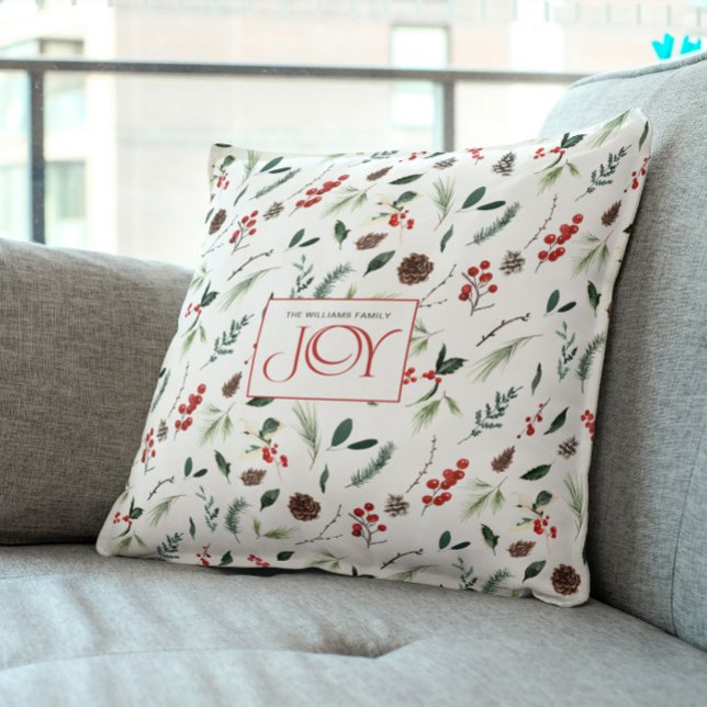 Modernes Joy Red Berry Botanisches Weihnachtsfest  Kissen (Celebrate the spirit of Christmas with a cozy new pillow!)