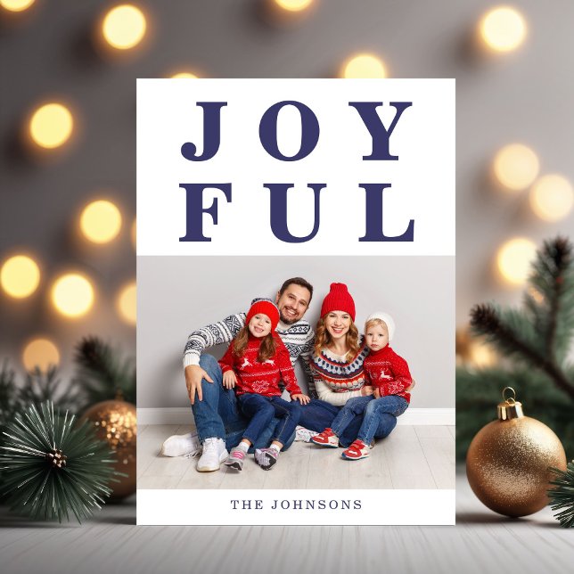 Modernes Joyful Navy Blue Foto Weihnachten (Modern Joyful Navy Blue Photo Christmas Holiday Card)