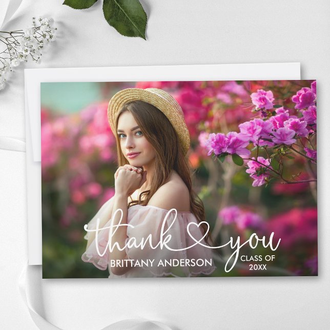 Modernes Kalligrafie-Drehbuch Herz-Foto-Abschluss Dankeskarte (Customize to add text to back of card.)