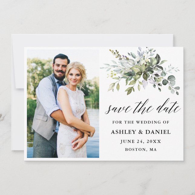 Modernes Kalligrafie-Grünes Foto Save The Date (Vorderseite)