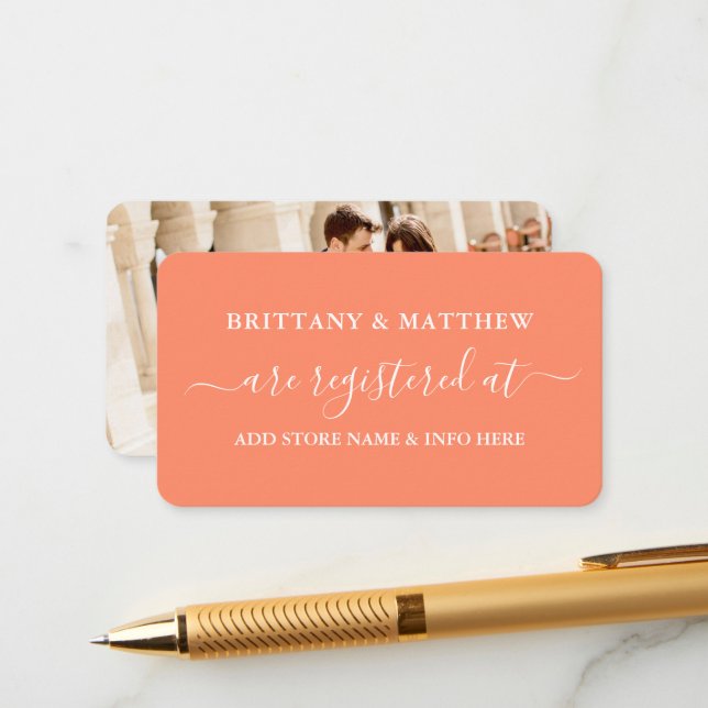 Modernes Kalligrafie-Heiratsregister Foto Coral Begleitkarte (Vorderseite/Rückseite Beispiel)