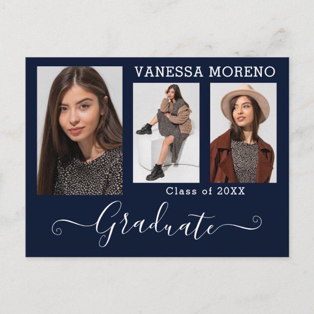 Modernes Kalligrafie Script 3 Foto Blue Abschluss Postkarte (Vorderseite)