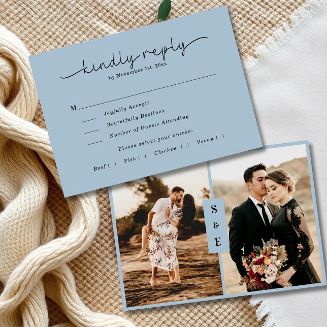 Modernes Kalligrafie-Script Dusty Blue Foto Weddin RSVP Karte (Von Creator hochgeladen)