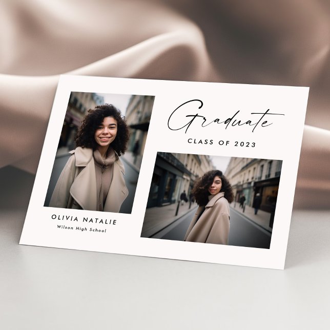 Modernes Kalligrafie-Script mit zwei Fotos Abschlu Ankündigung (Von Creator hochgeladen)