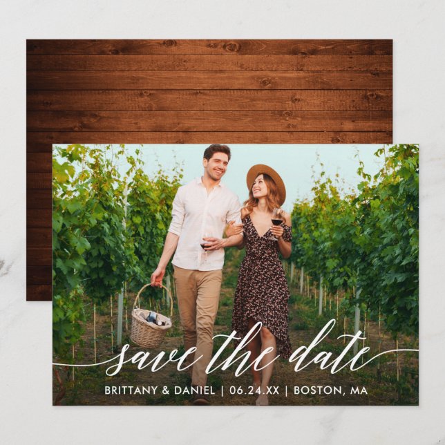 Modernes Kalligrafie Script Rustic Wood Foto Save The Date (Vorne/Hinten)