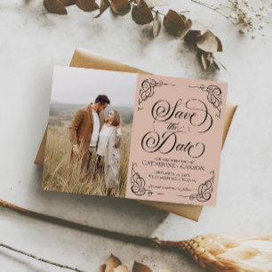 Modernes Kalligrafie Vintages Foto Beige Save The Date