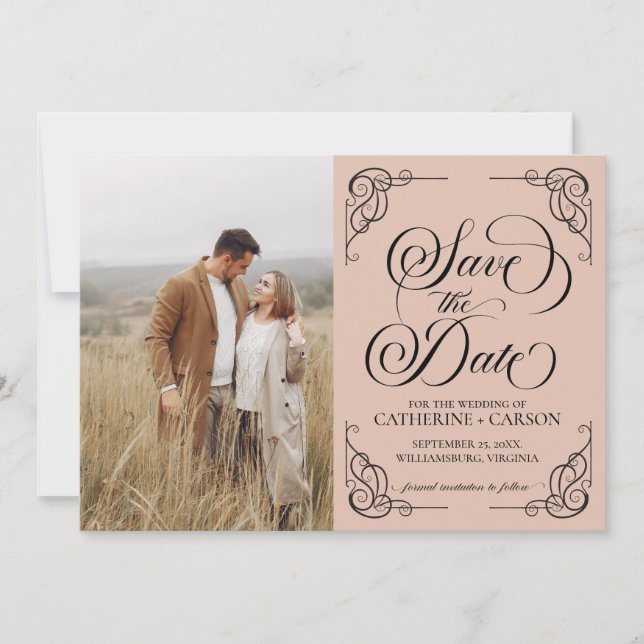 Modernes Kalligrafie Vintages Foto Beige Save The Date (Vorderseite)