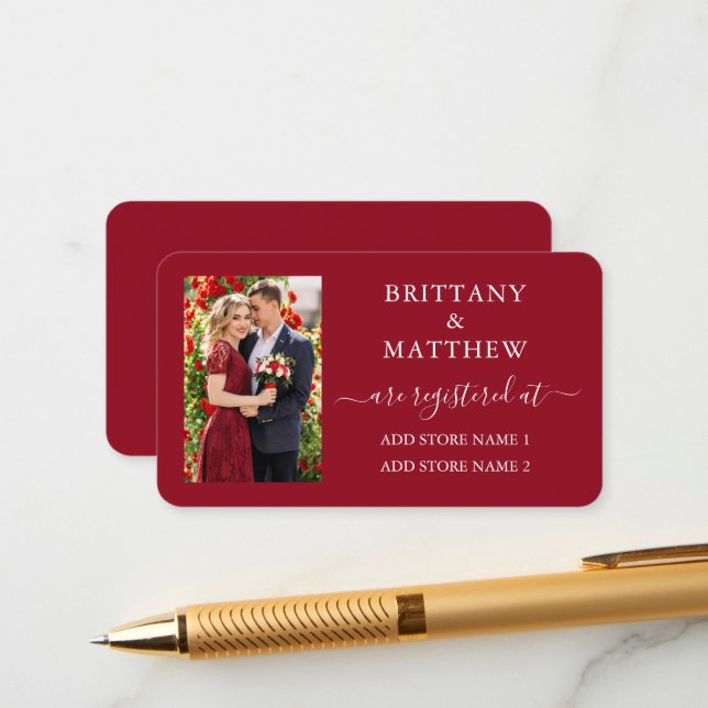 Modernes kalligrafisches Foto Hochzeitregister Rot Begleitkarte (Vorderseite/Rückseite Beispiel)