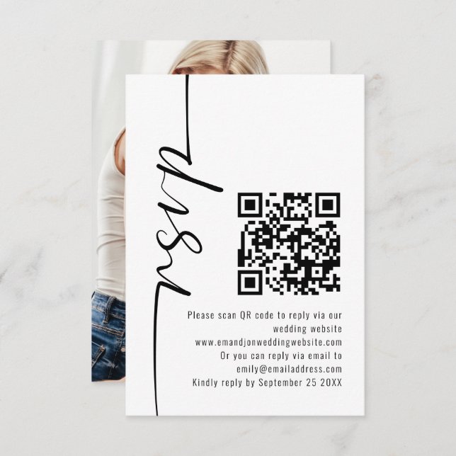 Modernes kalligrafisches Foto QR Code Wedding RSVP (Vorne/Hinten)