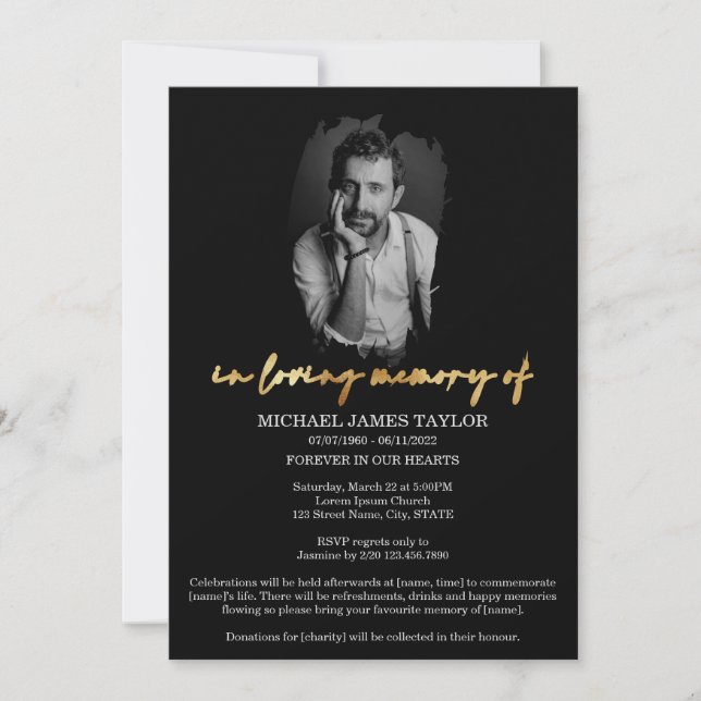 Modernes kalligrafisches Foto zur Gedächtnisbeerdi Einladung (Vorderseite)