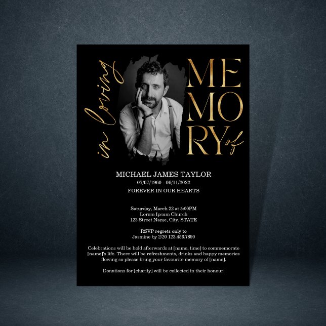 Modernes kalligrafisches Foto zur Gedächtnisbeerdi Einladung (Von Creator hochgeladen)