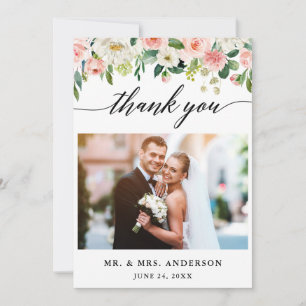 Modernes kalligrafisches Pink Floral Wedding Foto Dankeskarte