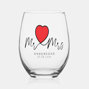 Modernes kalligrafisches Rotes Herz Mr. und Mrs. W Weinglas Ohne Stiel