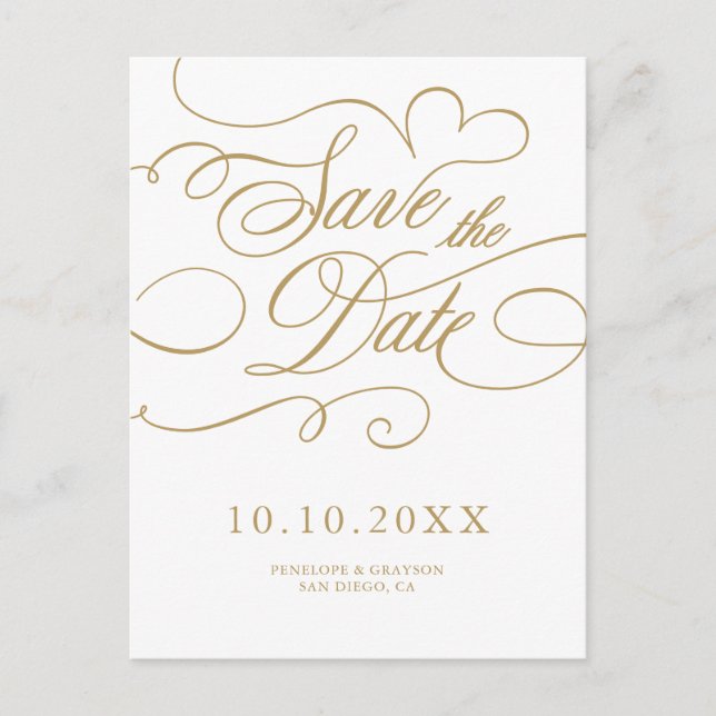 Modernes kalligraphisches Gold Save the Date Postkarte (Vorderseite)