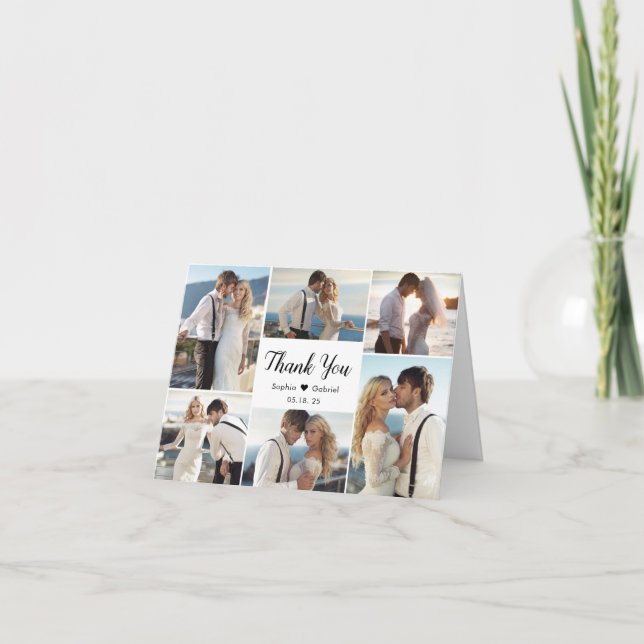 Modernes kalligraphisches Herz 6 Foto Collage Wedd Dankeskarte (Vorderseite)