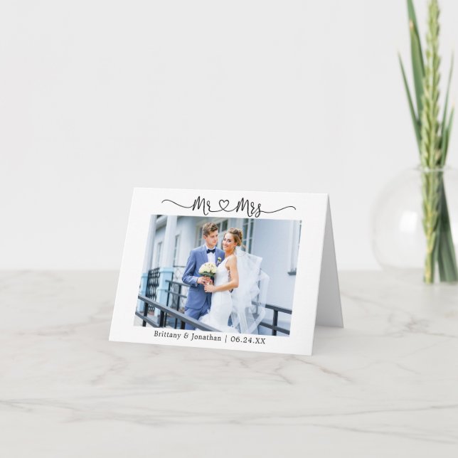 Modernes kalligraphisches Herz Mr. und Mrs. Weddin Dankeskarte (Vorderseite)