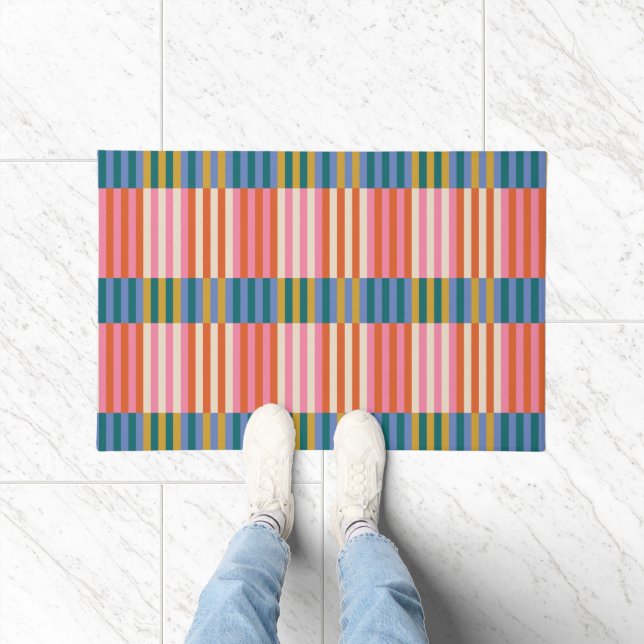Modernes Kariert gestrichenes Orange, Rosa, Blau,  Fußmatte (Indoor)